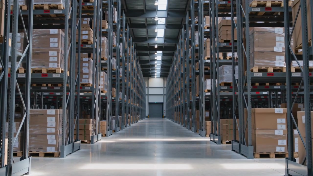 Camera starting moving forward central aisle in warehouse, revealing racks, boxes, showing depth