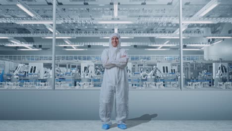 cuerpo lleno de científico masculino asiático cruzando los brazos y sonriendo en una fábrica de laboratorio moderno con robots automatizados