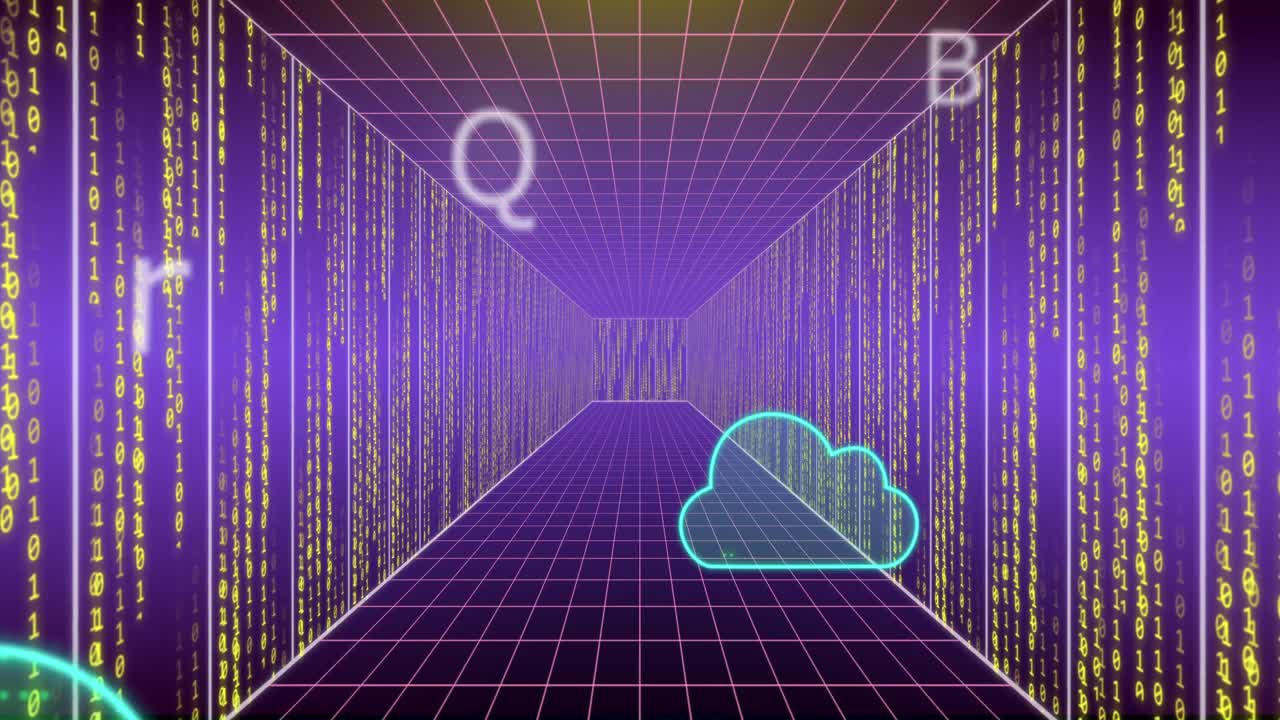 Animation of clouds and data processing over binary coding on purple background