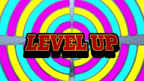 Animation-of-level-up-text-over-abstract-multi-coloured-patterned-background