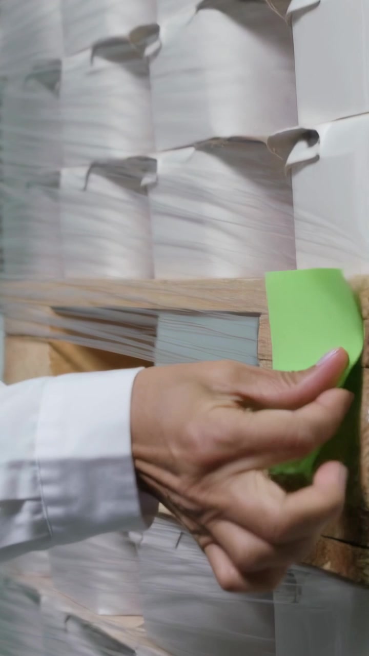 Vertical video: Bringing green card, hand white longsleeve tucking film to secure pallet with rolls