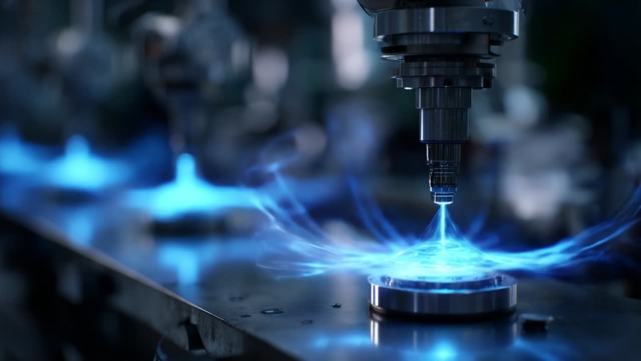 An Insightful Exploration of Advanced Robotic Machining Technology Showcasing Pulsating Blue Energy Patterns Emitted from a Precision-Crafted Tool in an Industrial Environment