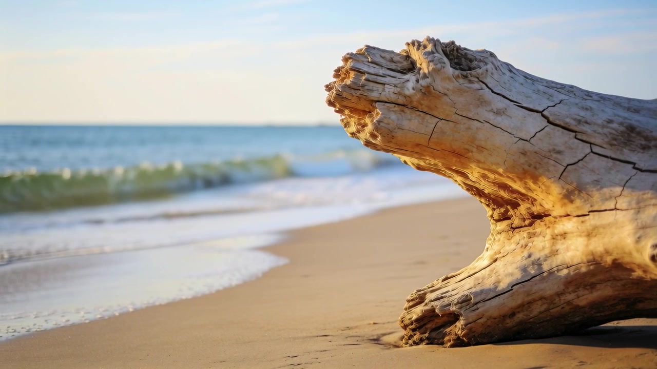 Showing swell causing waves breaking near driftwood trunk at beach, wet sand glinting, copy space