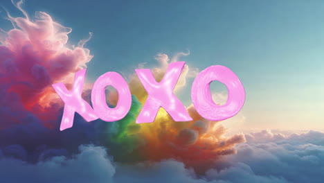 pink xoxo balloons in dreamy sky with colorful clouds