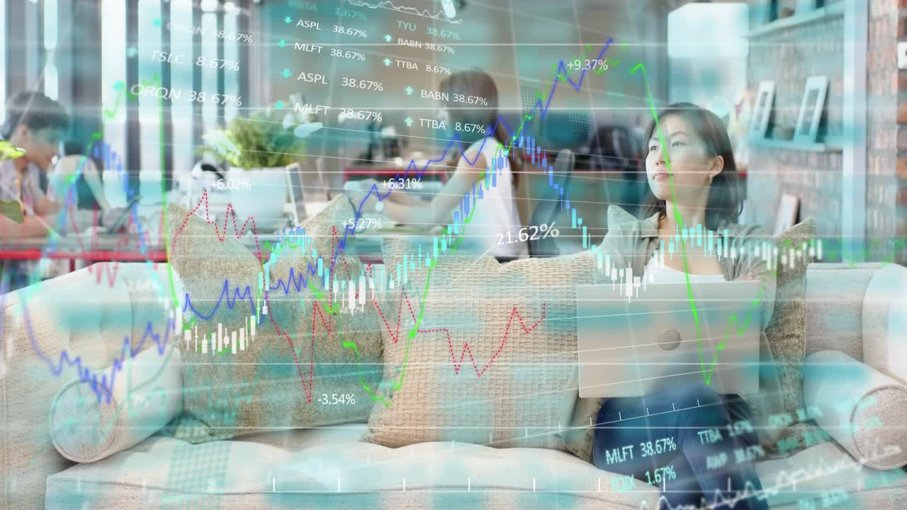 Woman typing laptop on sofa in office, tracking gains, causing finance charts growing across frame