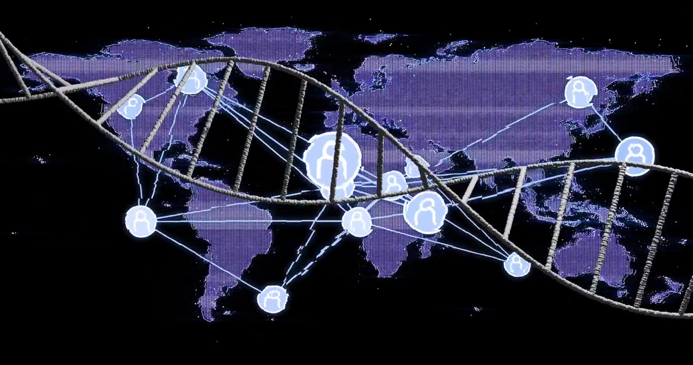 Metal helix shifting across purple map driving avatar nodes pulsing and lines rewiring showing flow