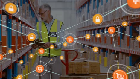 warehouse worker with boxes and shopping cart icons, e-commerce logistics animation