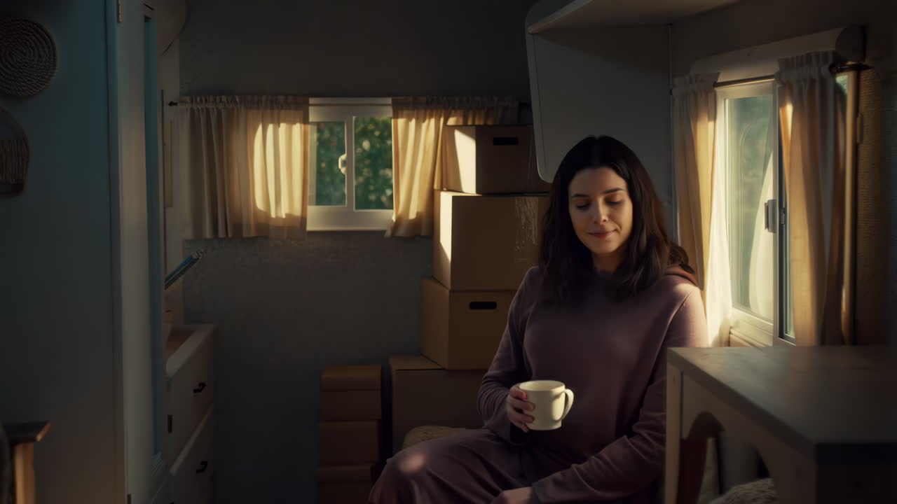 Woman Drinking from a Mug Inside a Camper with Boxes