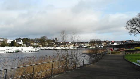 aerial - lakeside view in a small town