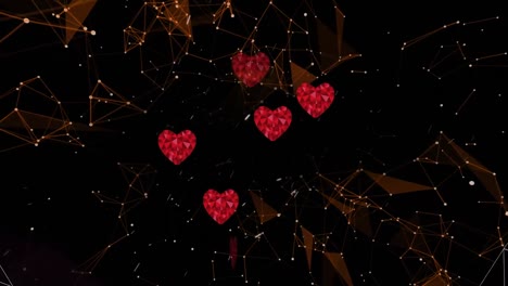 Animation-of-red-heart-icons-over-glowing-tunnel-against-network-of-connections-on-black-background