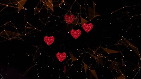 animation of red heart icons over glowing tunnel against network of connections on black background