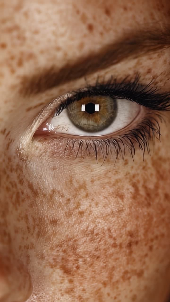 Un accattivante primo piano di un occhio lentigginoso che mostra dettagli intricati e caratteristiche di bellezza uniche con luce naturale.