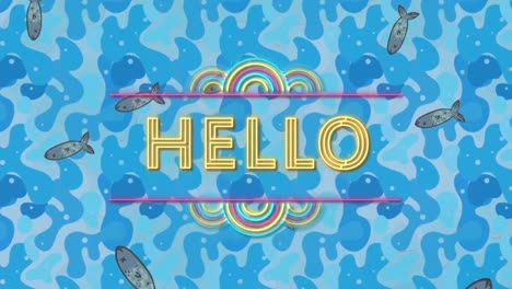 Animation-of-hello-text-over-fish-and-blue-shapes