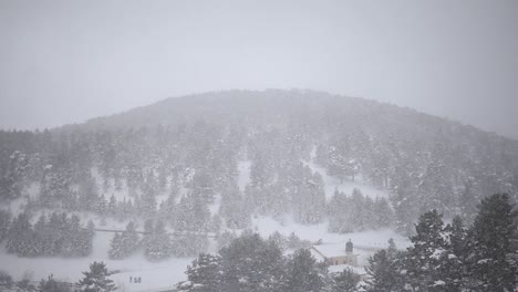 Winter-landscape,-snowing-in-the-mountains,-forest-at-the-background,-cloudy-sky,-Spain,-static-shot