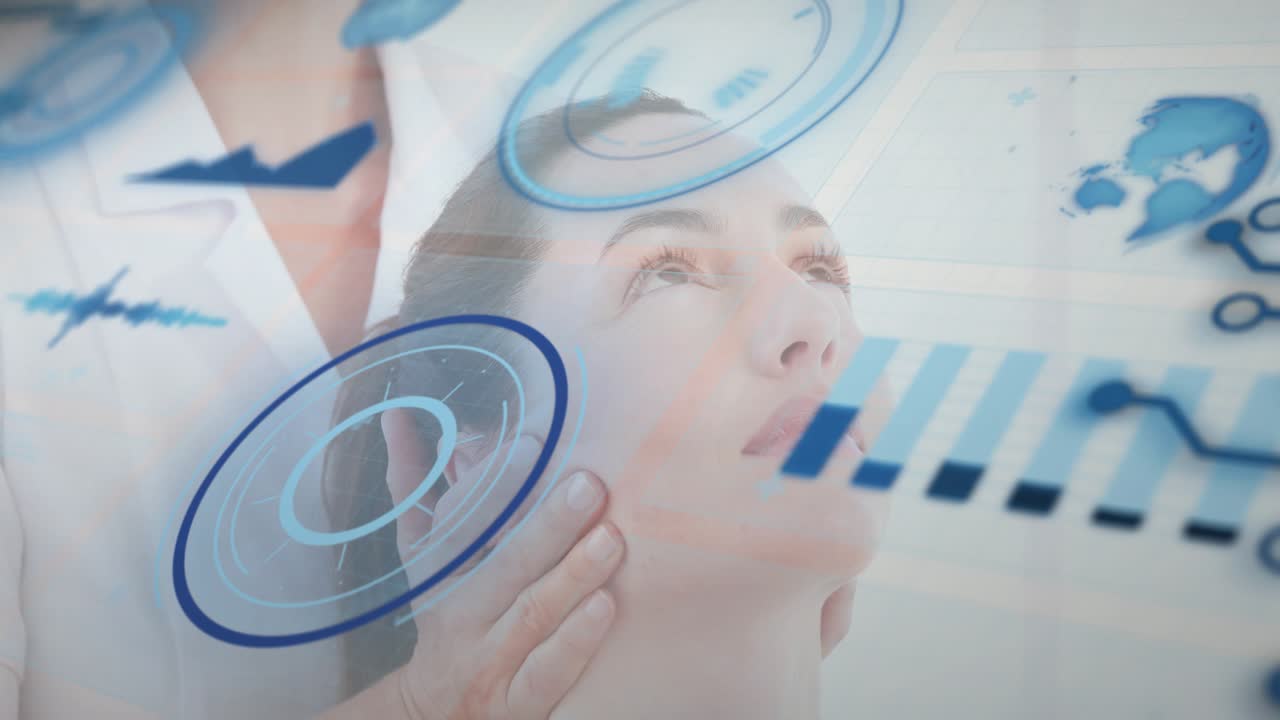 Female clinician cupping patient's jaw and initiating holographic face analysis scan with charts