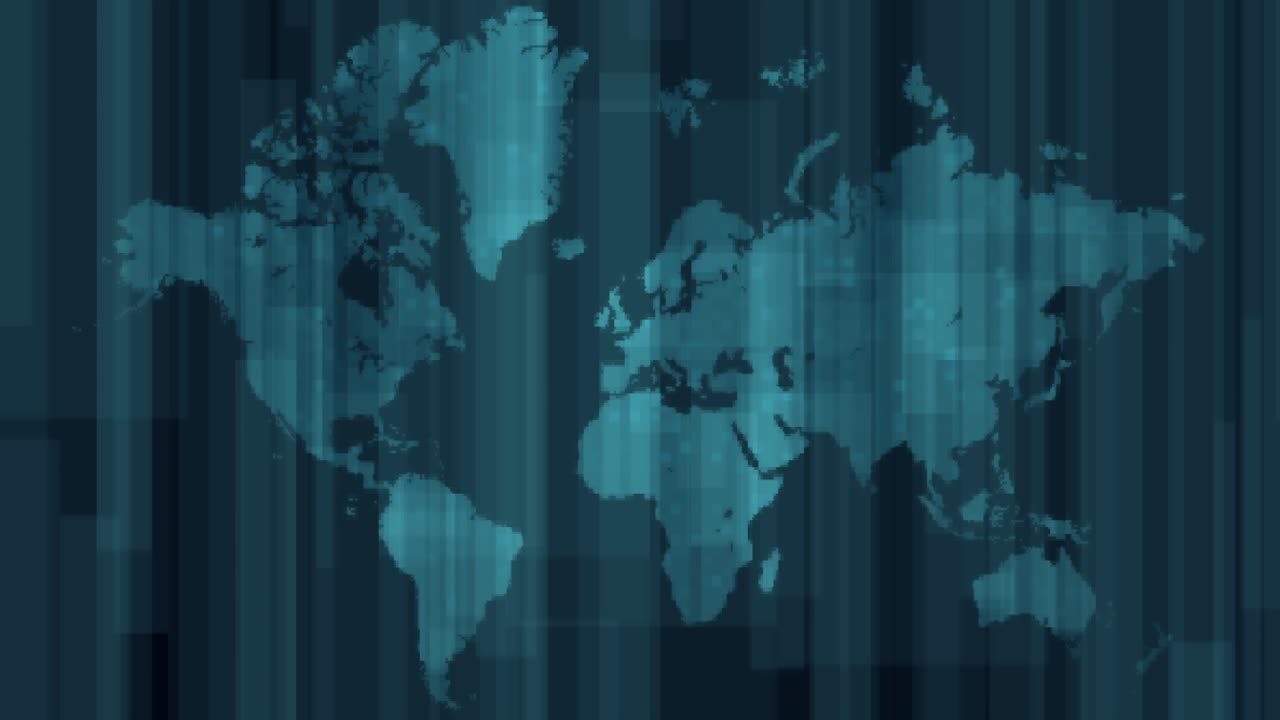 mapa del mundo futurista con movimiento vertical de rectángulos translúcidos y partículas digitales - animación de la tierra inspirada en la tecnología moderna