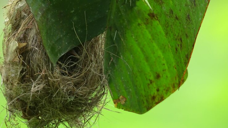 Little Spiderhunter's nest, ingeniously constructed and hanging from the underside of a large green leaf, likely a banana leaf, for concealment and protection in tropical environment