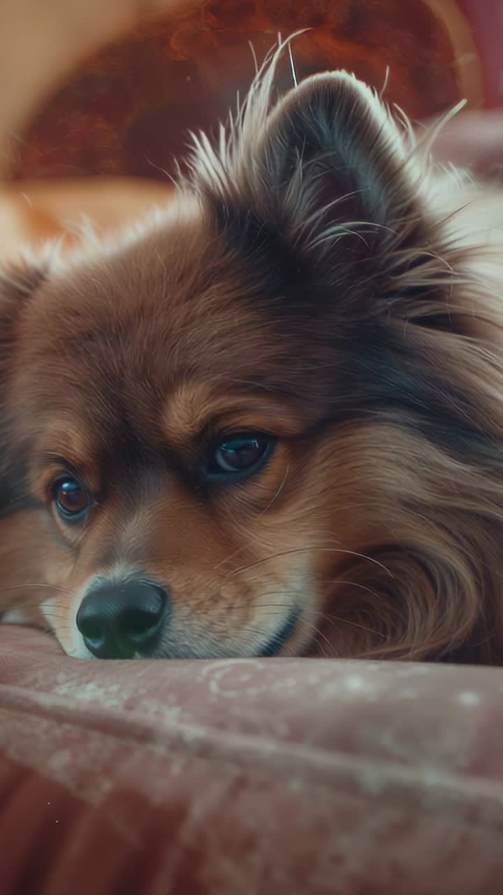 Vertical video: Blinking brown fluffy dog shifting gaze at start, resting on sofa cushion at home