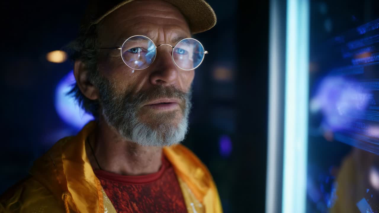 A contemplative individual gazes intently at a digital interface, showcasing the intersection of human emotion and technology, embodying the essence of curiosity and introspection in a modern world