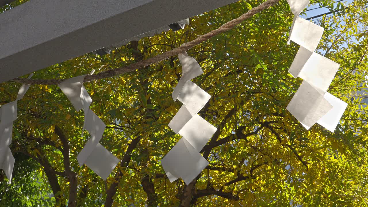 A close-up of white paper streamers (shide), essential elements in Japanese Shinto rituals, symbolizing purity and the sacred space.