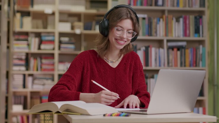 Smilende pige med briller og hovedtelefoner studerer med bærbar computer på biblioteket.