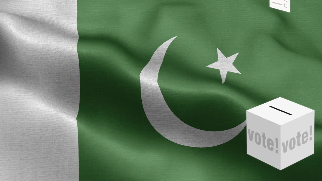 las papeletas de votación vuelan a la caja para la selección de pakistán - caja de votación frente a la bandera - elección - voto - bandera de pakistan - bandera de paquistán alto detalle - bandera nacional de pakistán patrón de ondas elementos loopables - textura de tela y bucle sin fin