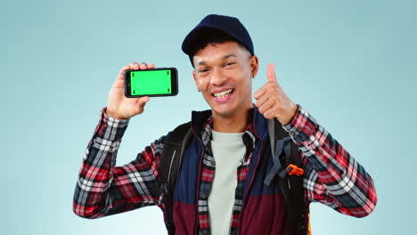 Face,-green-screen-and-man-with-smartphone