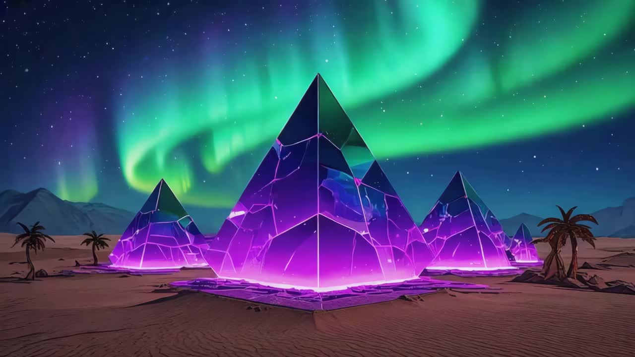 Crystal Pyramids in Desert Under Aurora Borealis