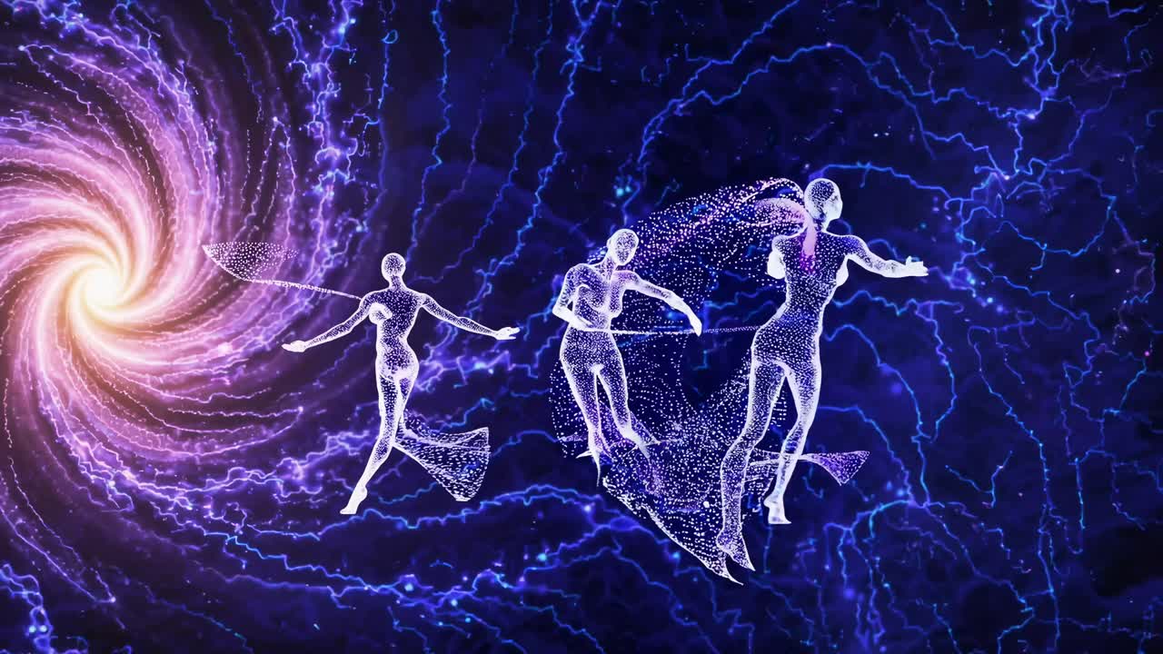 Digital art video with a cosmic theme, featuring ethereal figures in motion
