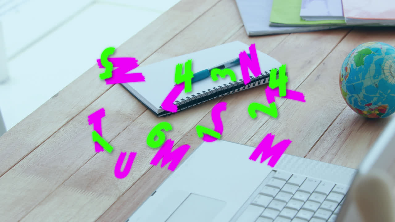 Animation of numbers and letters changing over desk with laptop and notebook