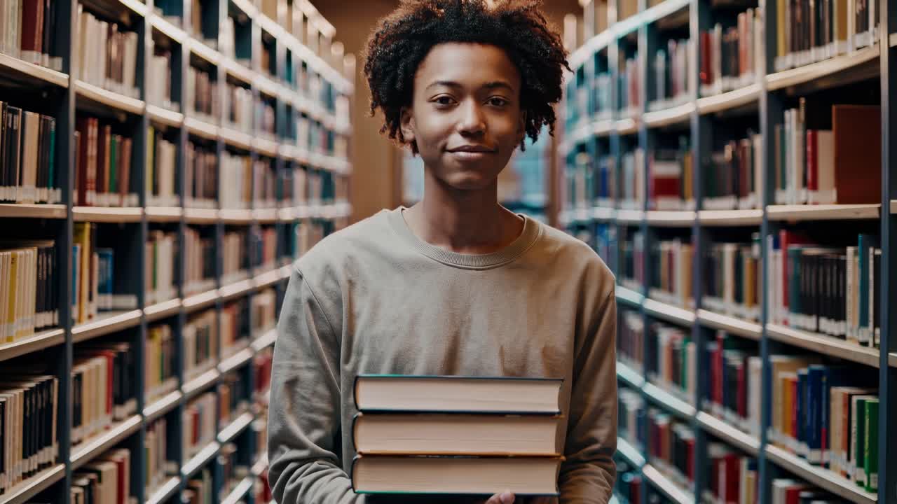 A video still of a person holding books in a library, captured from a frontal angle