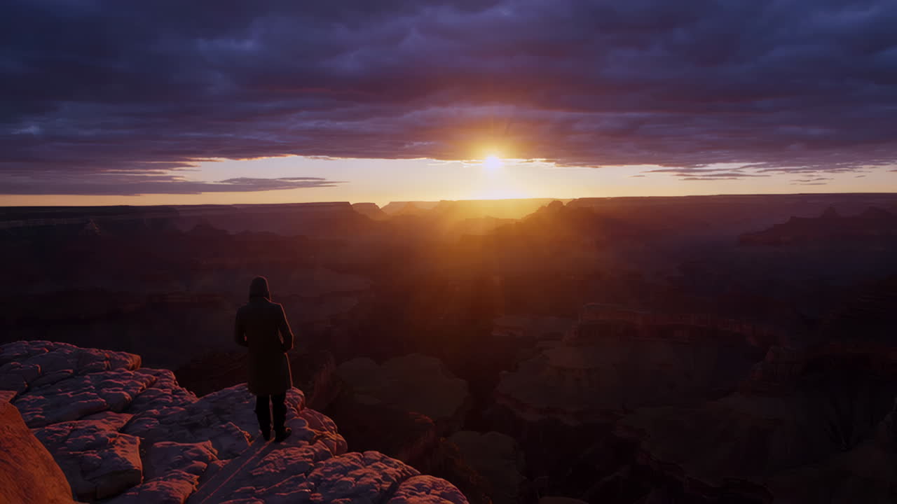 A person stands on a cliff overlooking the Grand Canyon at sunset