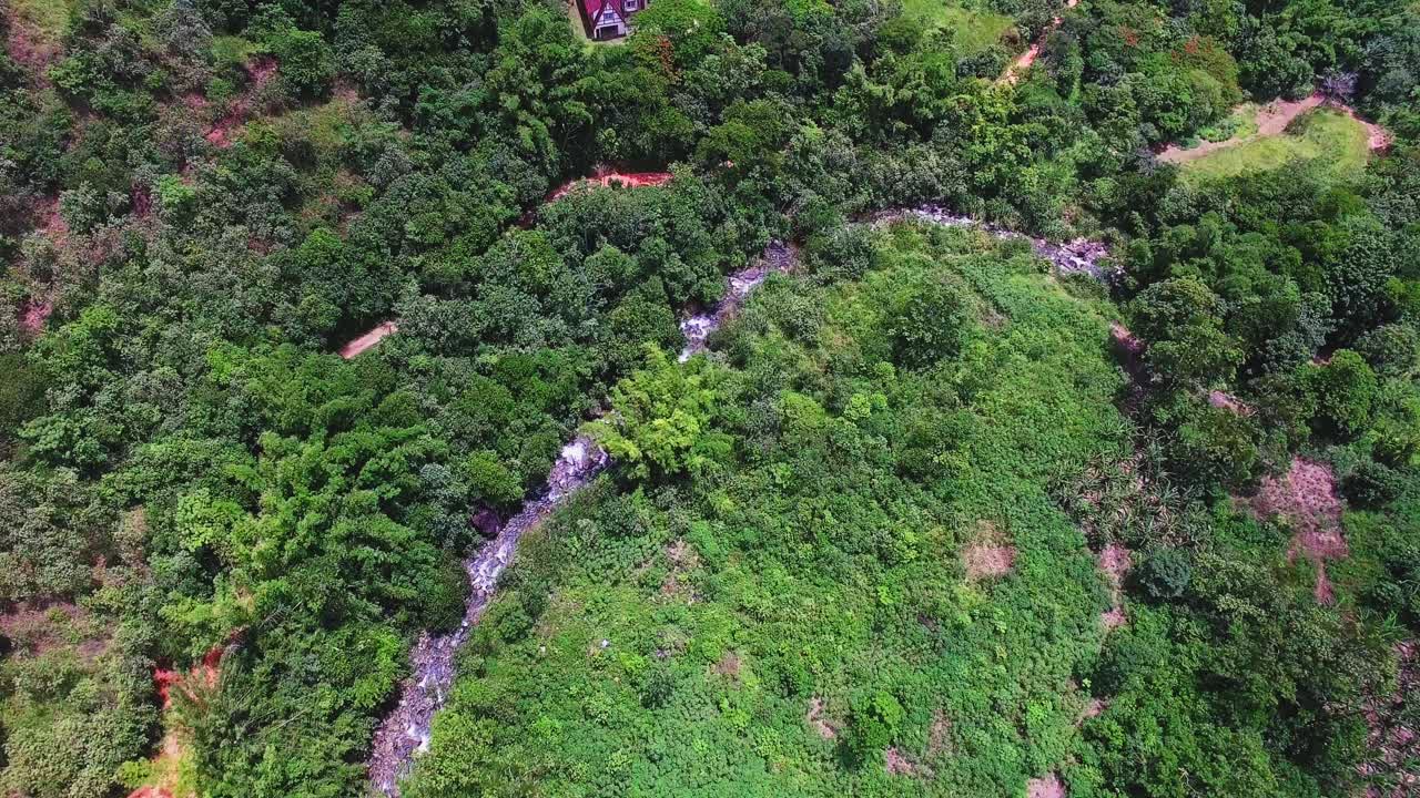 Stunning 4K aerial footage of a river flowing through lush nature, leading to a beautiful house nestled in the greenery. The peaceful and serene setting makes it perfect for real estate