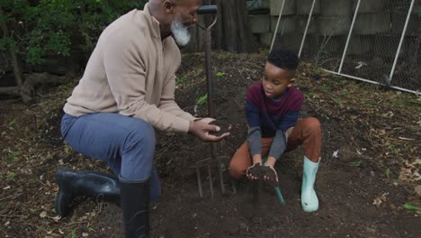 hombre afroamericano mayor feliz con su nieto plantando en el jardín