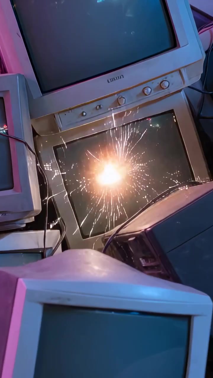 Video verticale: Monitor inferiore lampeggiante che emette scintille da una pila di CRT con crepe a ragnatela, in un negozio.