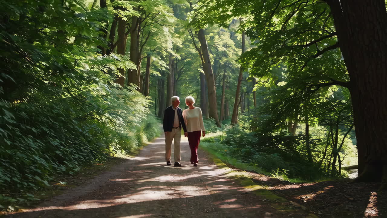 Senior Couple Walking in a Sunny Forest