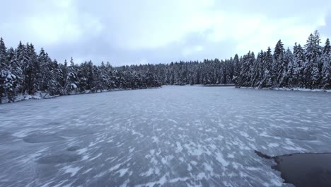 Winterwunderland,-Gefrorener-Eissee,-Schneebedeckte-Bäume-An-Einem-Bewölkten-Nachmittag-über-Dem-Etang-De-La-Gruère-In-Der-Schweiz