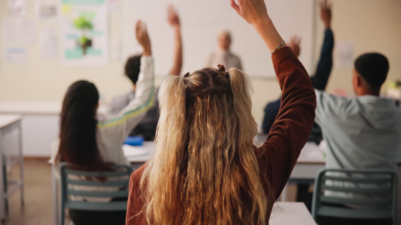 Students raising hands in classroom