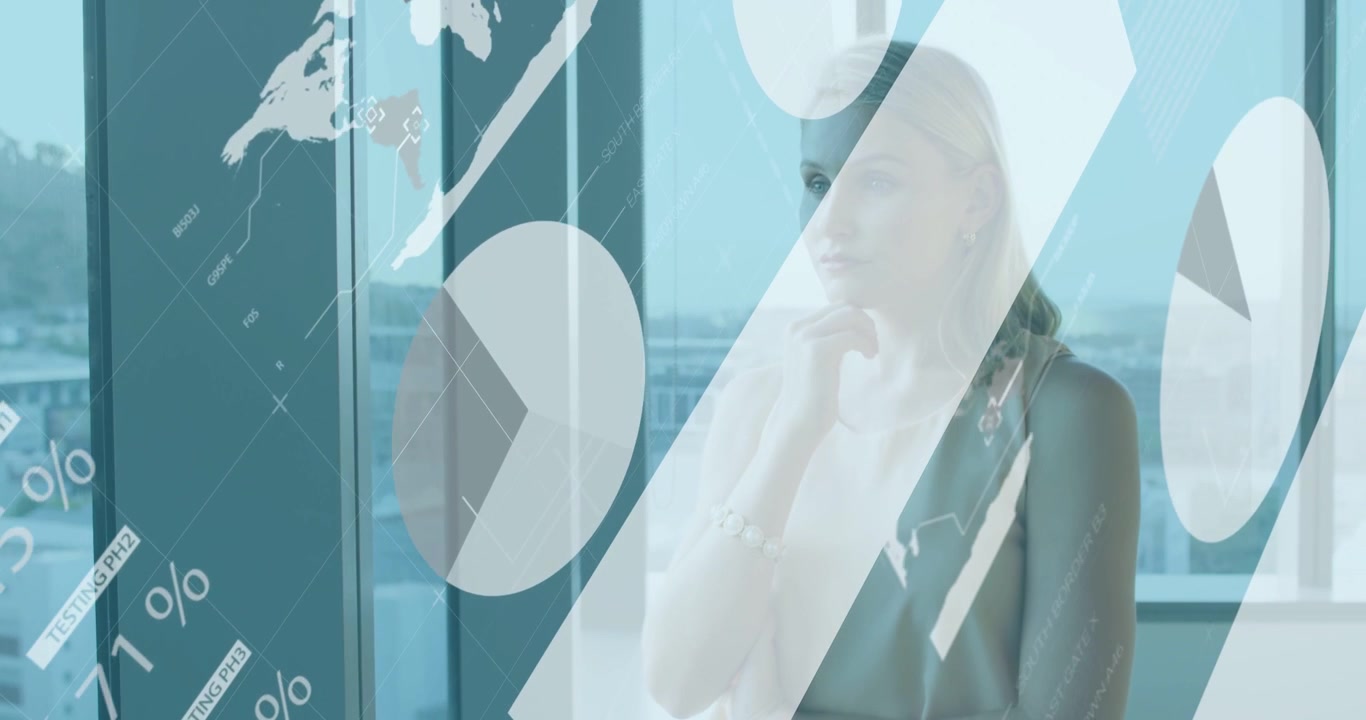 Late 20s woman standing, looking out floor-to-ceiling window in office, animated graphs sliding