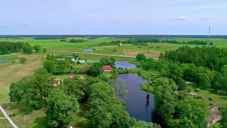 drone aéreo moviéndose hacia atrás disparado sobre cabañas rurales a lo largo del lago rodeado de densa vegetación verde en un día soleado
