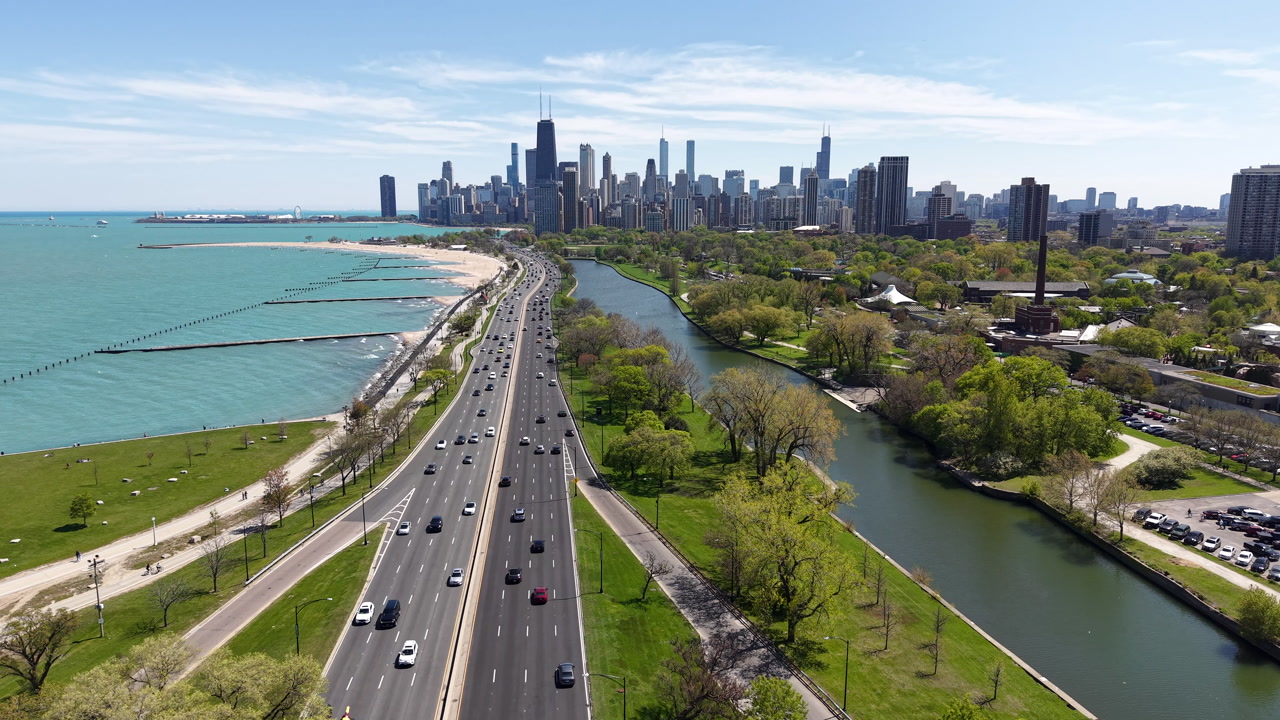 Chicago USA, Establishing Drone Of Downtown Skyline From Lake Shore Drive on Sunny Day