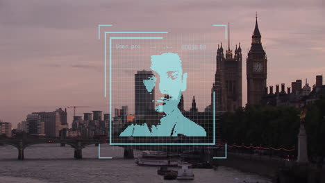 animation of financial data processing over biometric photo and london cityscape