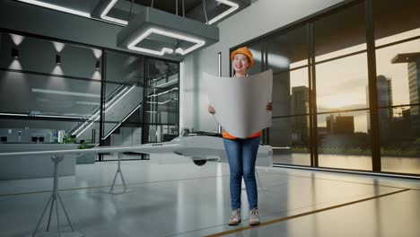 female engineer reviewing architectural plans in a modern facility