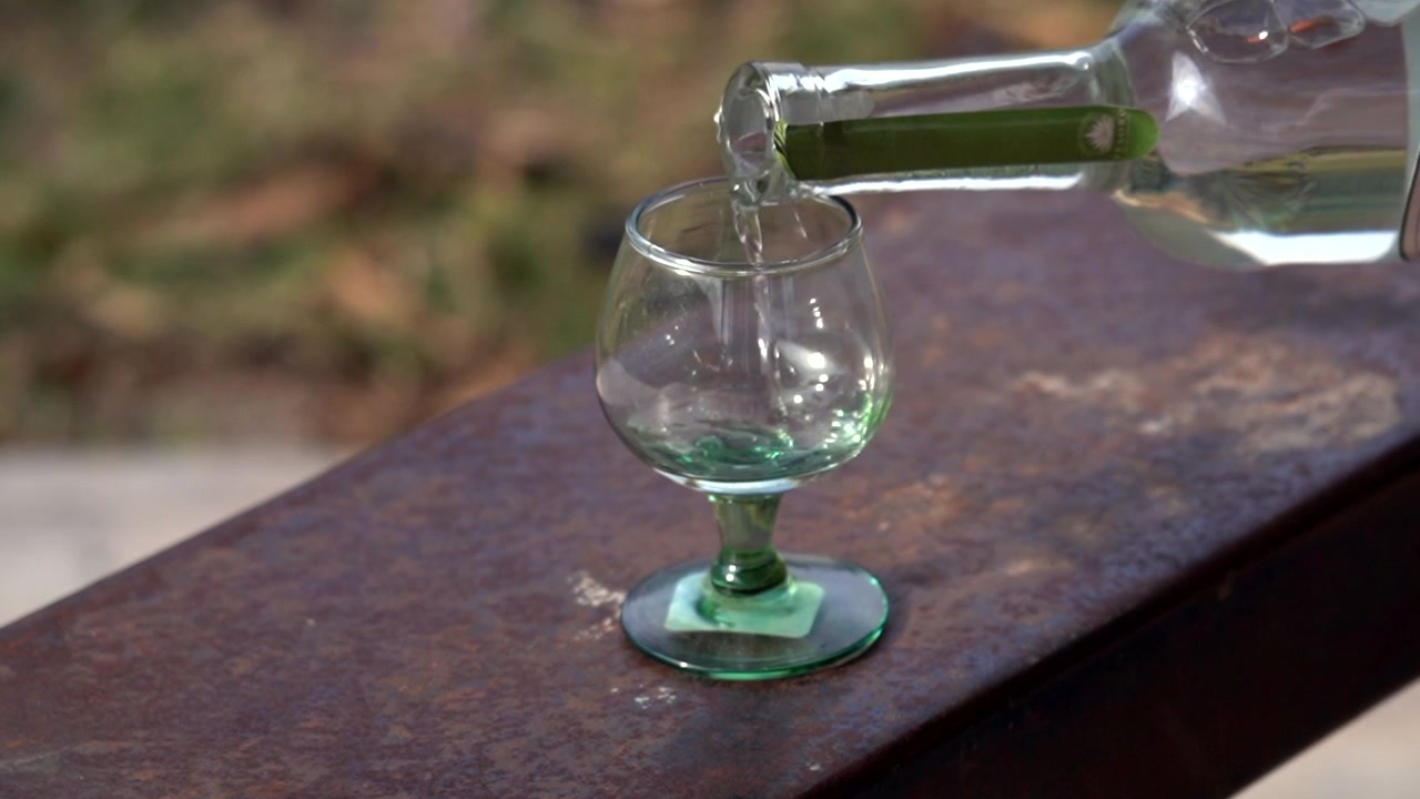 Nærbillede af håndlavet mezcal, der langsomt hældes fra en glasflaske i et traditionelt shotglas, omgivet af blå agaveplanter i det mexicanske landskab. Autentisk mexicansk spiritus, agavelandskab.