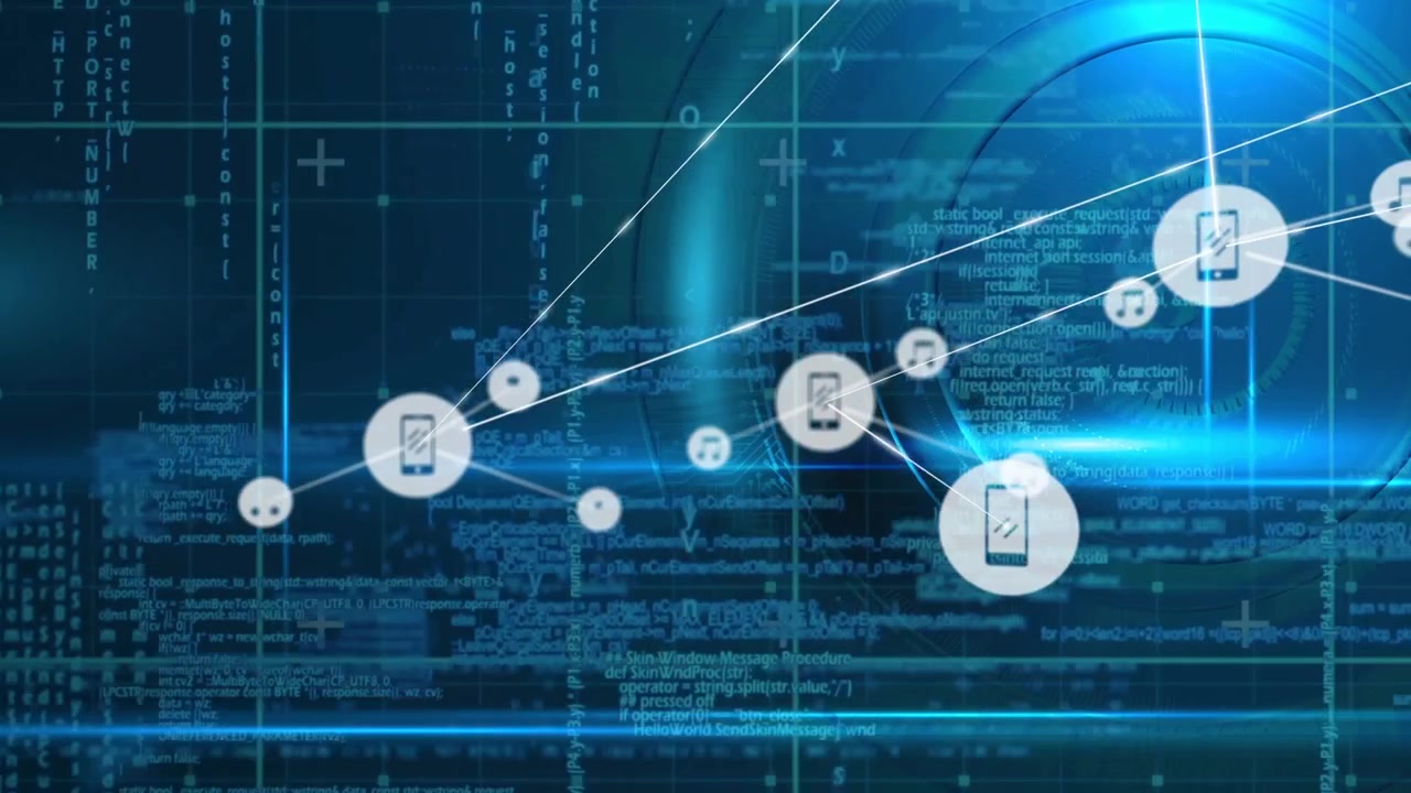 Animation of network of connections over data processing on black background