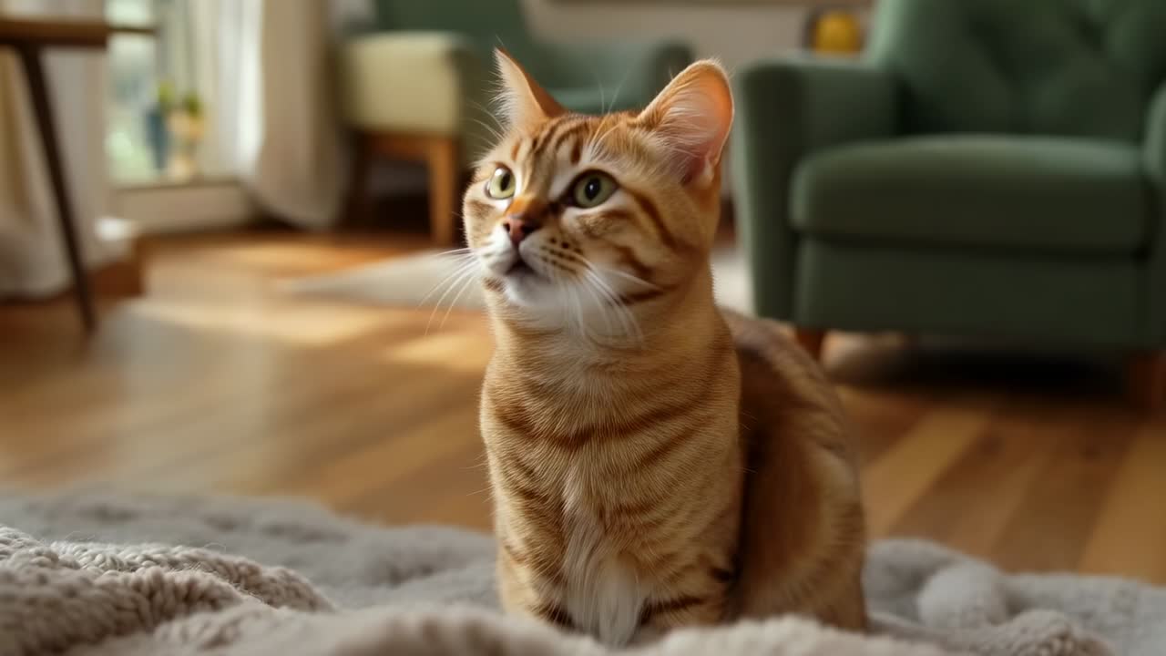 Un gatto soriano rossiccio gioca con le bolle di sapone che fluttuano su una coperta in salotto, in cerca di divertimento