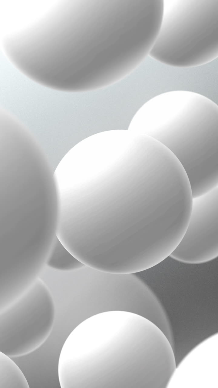 Abstract realistic 3d gray background with white sphere balls flying on air. Loop motion graphic. Vertical video.