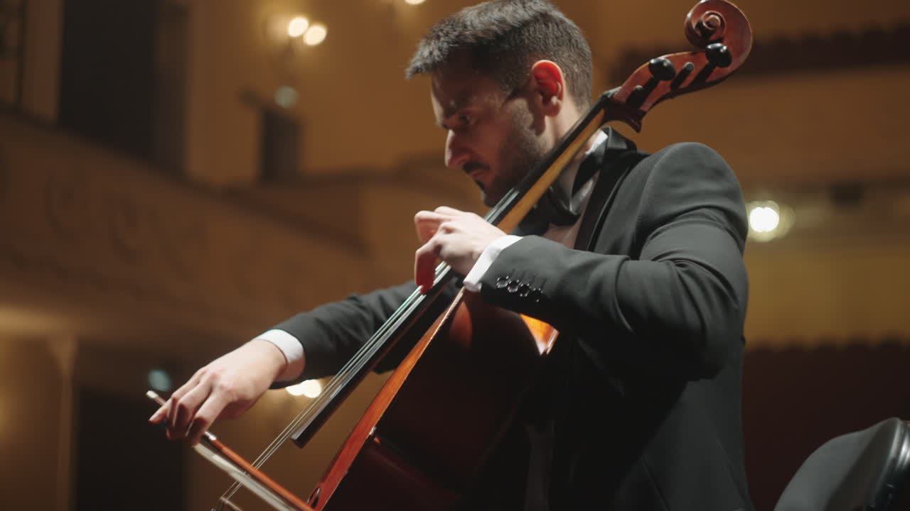 el talentoso violonchelista está tocando el violonchelo concierto de música clásica o ensayo orquesta sinfónica