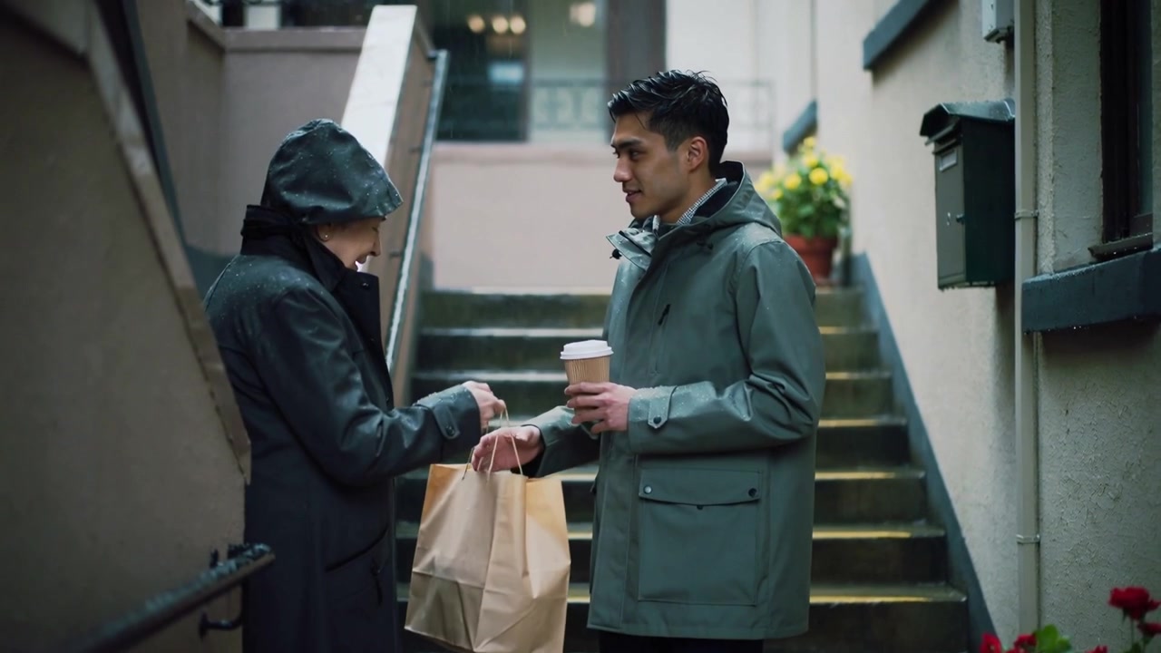 Asian man grey coat holding coffee on stairs, woman from left offering bag for neighborly help