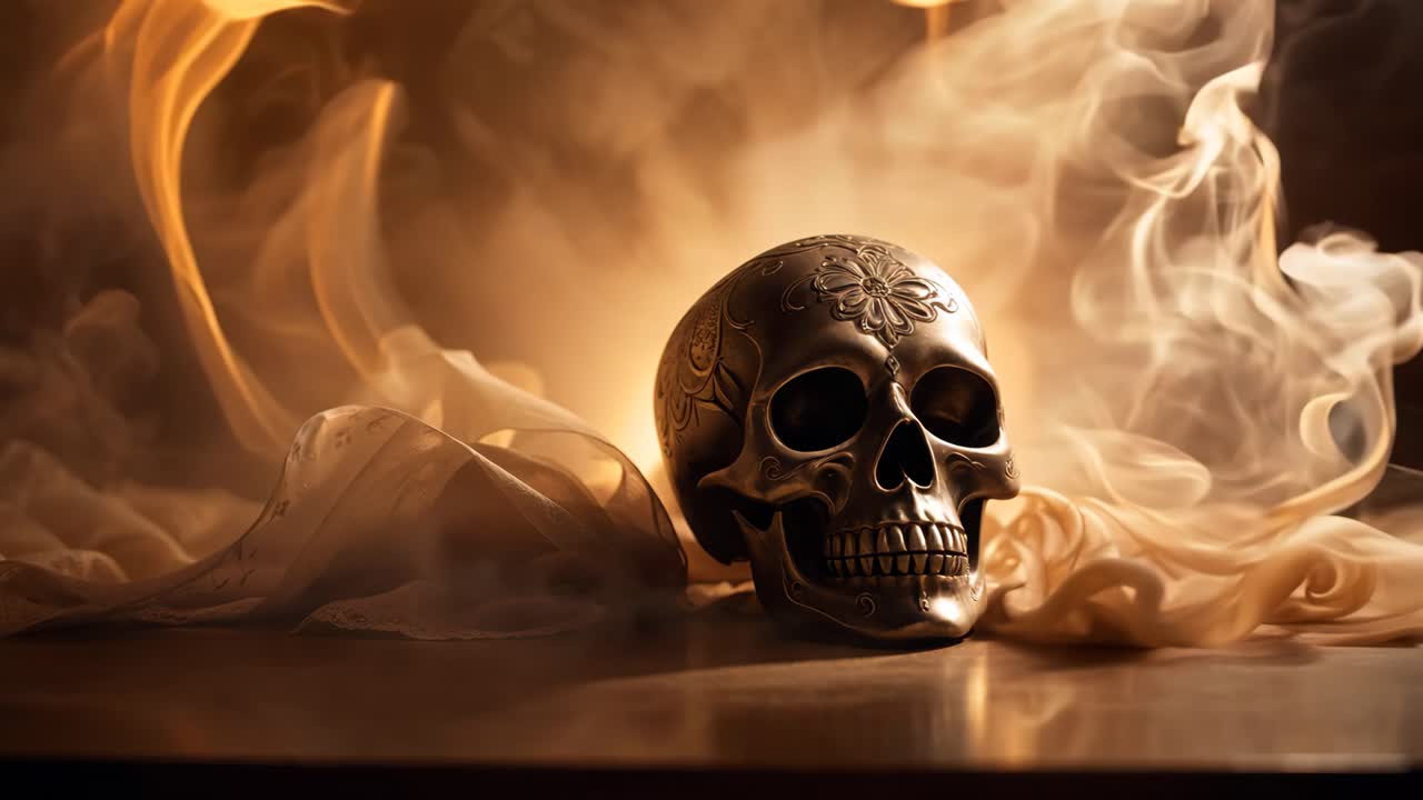 Ornate Skull with Smoke and Drapery
